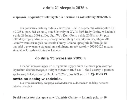 Gmina Lniano: wnioski o stypendia szkolne do 15 września