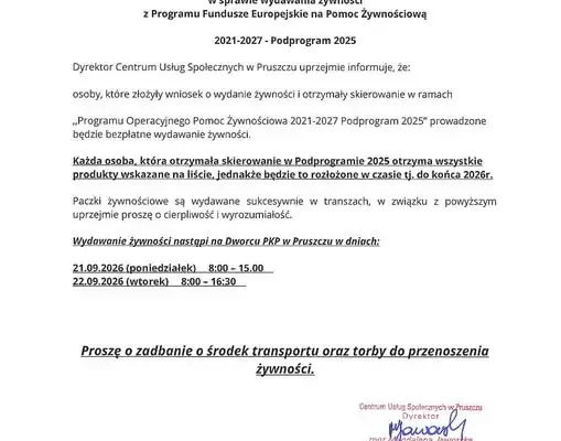 Pruszcz: ograniczona praca CUS w dniach 21-22 września. Trwa wydawanie żywności z Caritas Pelplin