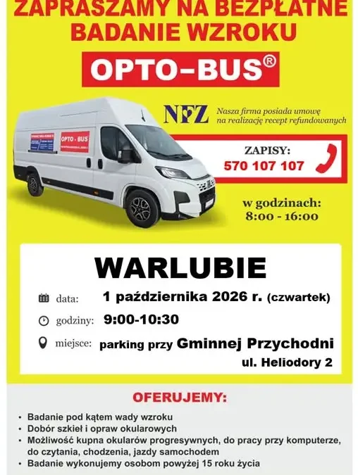 Bezpłatne badanie wzroku w Warlubiu – Opto-Bus już 1 października