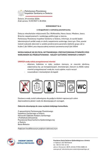 Bakterie grupy coli w wodociągu w Jaszczu. Sanepid ostrzega mieszkańców