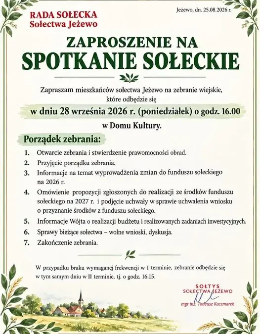Zebranie wiejskie w Jeżewie – 28 września 2026 r.