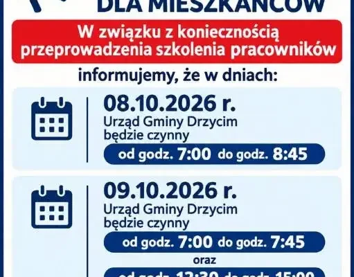 Zmiany w godzinach pracy Urzędu Gminy Drzycim w październiku
