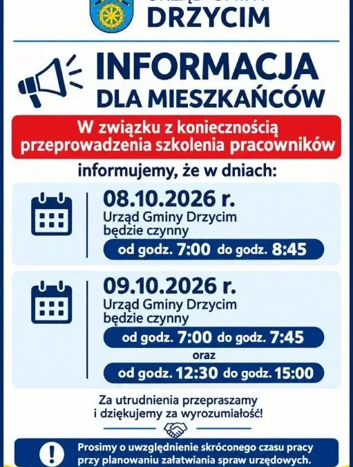 Zmiany w godzinach pracy Urzędu Gminy Drzycim w październiku