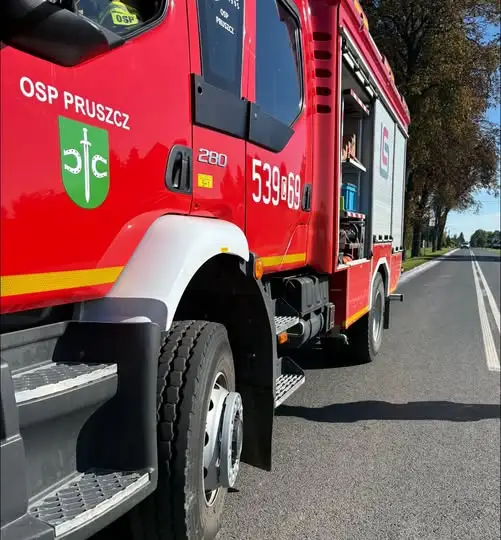 Plama oleju na drodze w Pruszczu – Łowinie. Interweniowały dwa zastępy OSP
