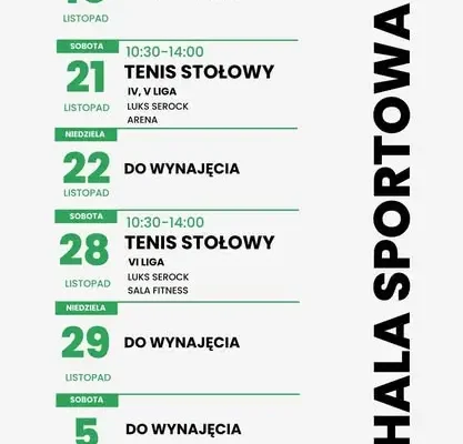 Harmonogram weekendowy i cennik wynajmu Hali Widowiskowo-Sportowej w Pruszczu