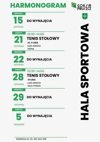 Harmonogram weekendowy i cennik wynajmu Hali Widowiskowo-Sportowej w Pruszczu