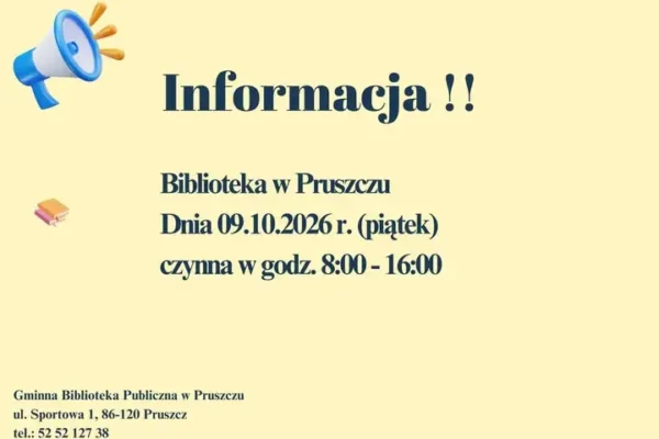 Biblioteka w Pruszczu w piątek 9 października czynna krócej