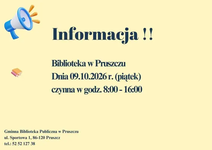 Biblioteka w Pruszczu w piątek 9 października czynna krócej