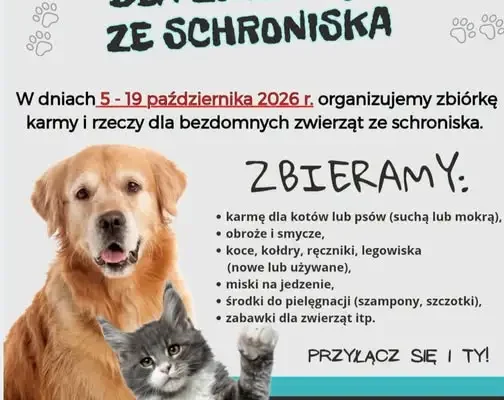 Zbiórka karmy i akcesoriów dla zwierząt ze schroniska w Szkole Podstawowej w Wosiu