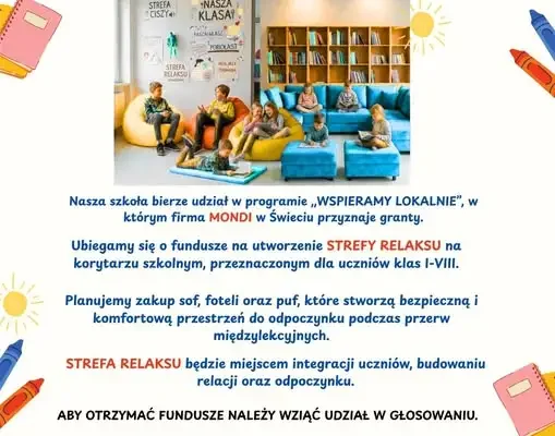 Szkoła w Warlubiu walczy o strefę relaksu. Potrzebne głosy w programie „Wspieramy Lokalnie”