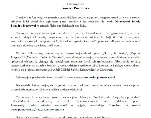 Tomasz Puchowski nominowany do nagrody w Plebiscycie Edukacyjnym 2026