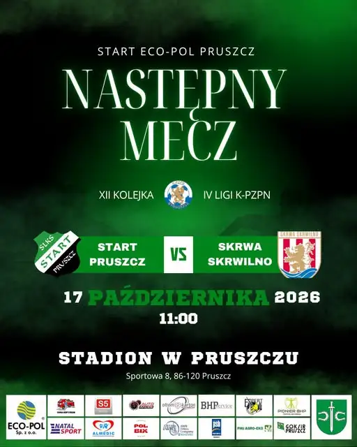 Start Eco-Pol Pruszcz zagra ze Skrwą Skrwilno w XII kolejce IV ligi