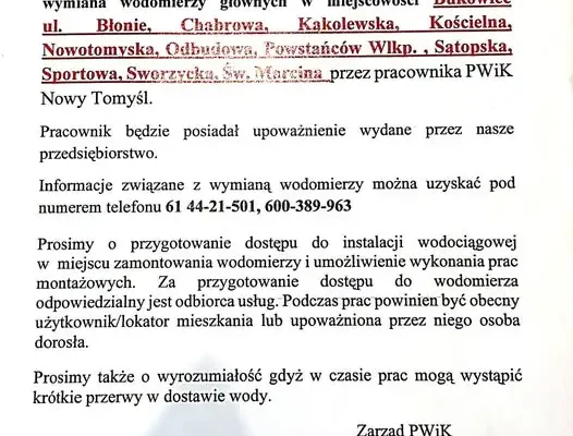 Wymiana wodomierzy w Bukowcu – harmonogram i ważne informacje dla mieszkańców