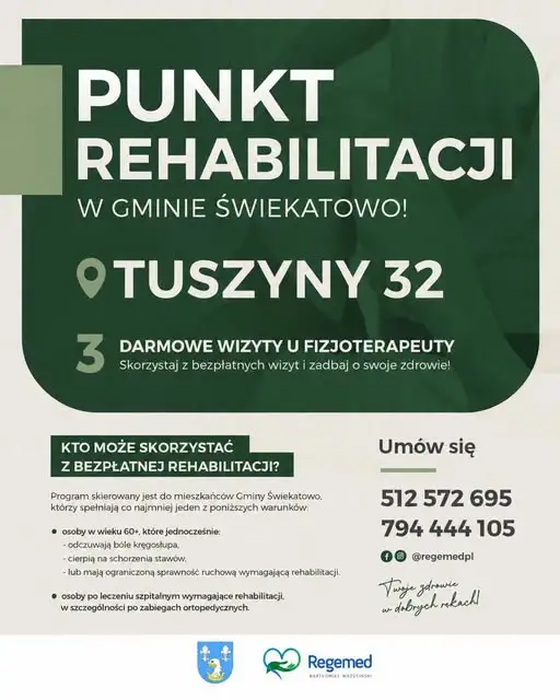 Bezpłatna rehabilitacja w Gminie Świekatowo – rusza Punkt Rehabilitacji i spotkania edukacyjne